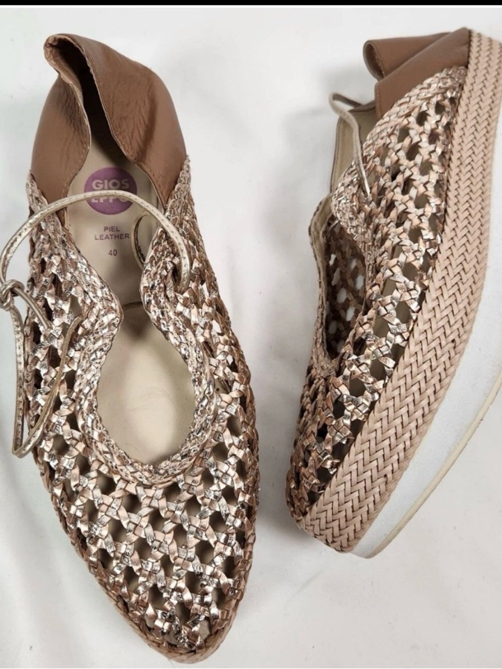 Metallic Woven  leather Espadrille Flats in Tan
